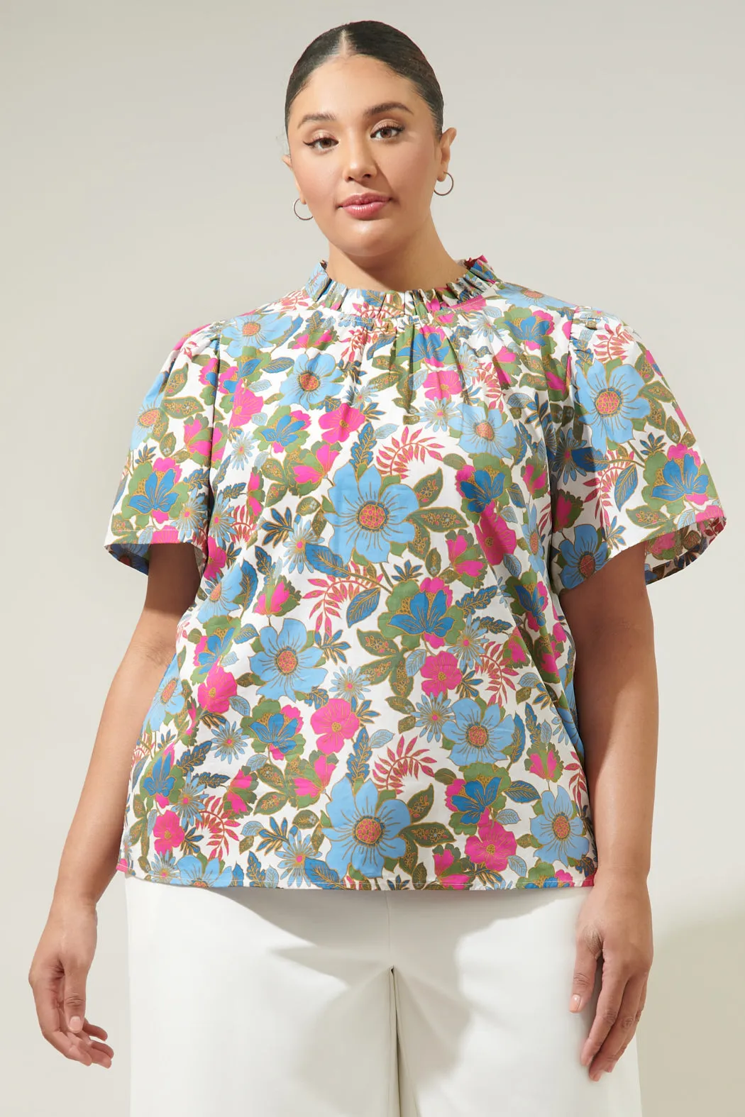 Avitall Floral Classic Ruffle Sleeve Top Curve