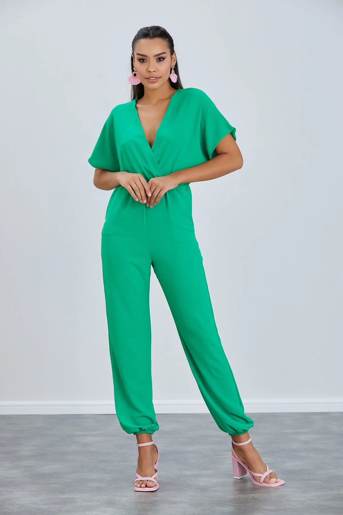 Batwing Sleeve Elasticated Waist Jumpsuit in Green