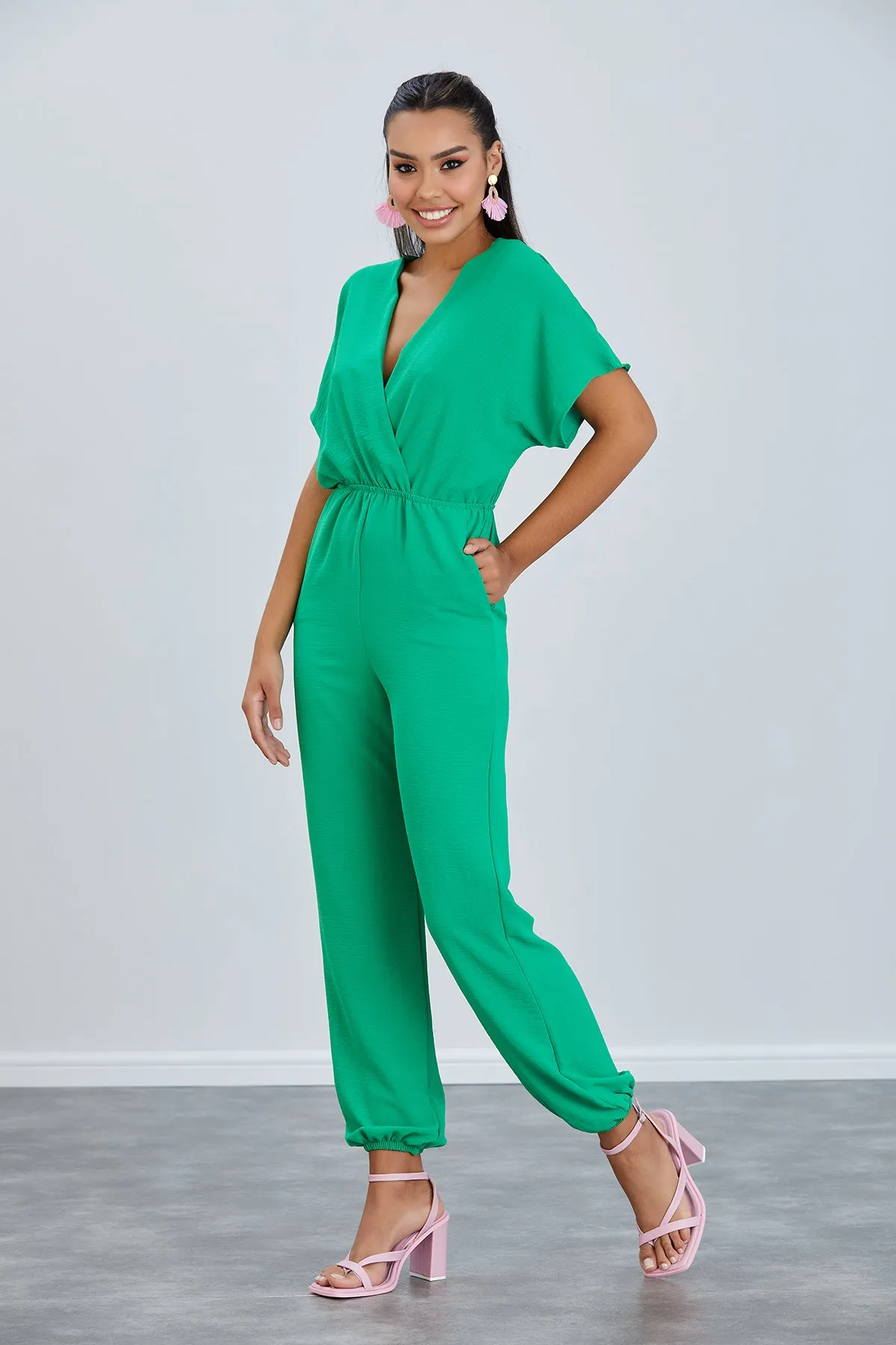 Batwing Sleeve Elasticated Waist Jumpsuit in Green