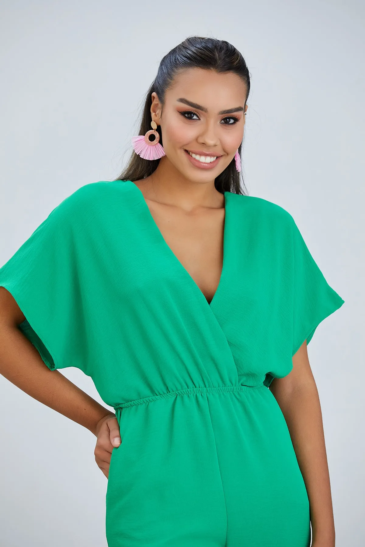 Batwing Sleeve Elasticated Waist Jumpsuit in Green