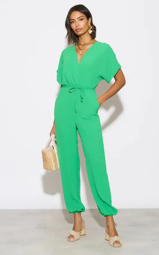 Batwing Sleeve Elasticated Waist Jumpsuit in Green