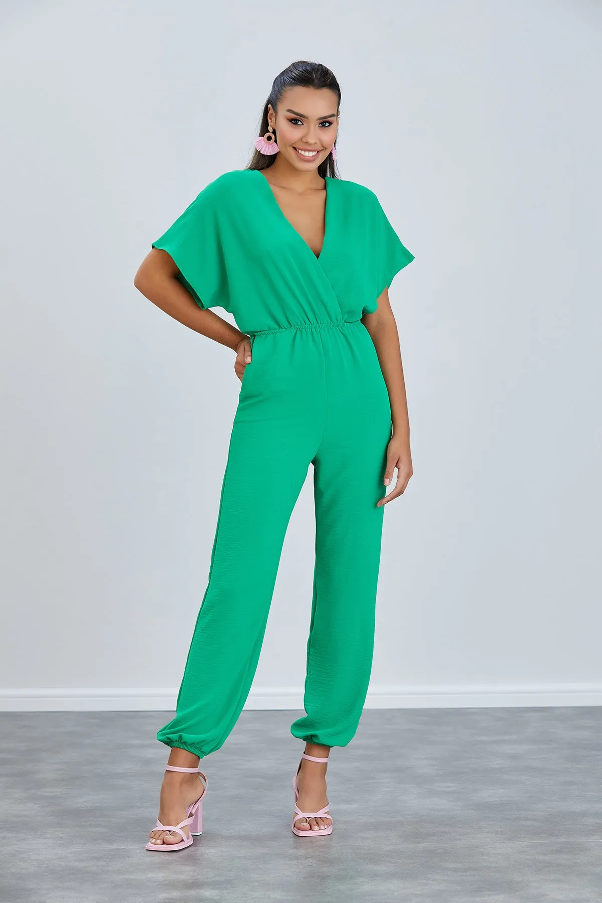 Batwing Sleeve Elasticated Waist Jumpsuit in Green