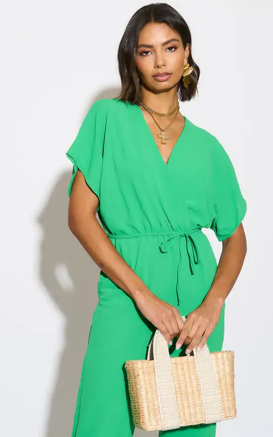 Batwing Sleeve Elasticated Waist Jumpsuit in Green