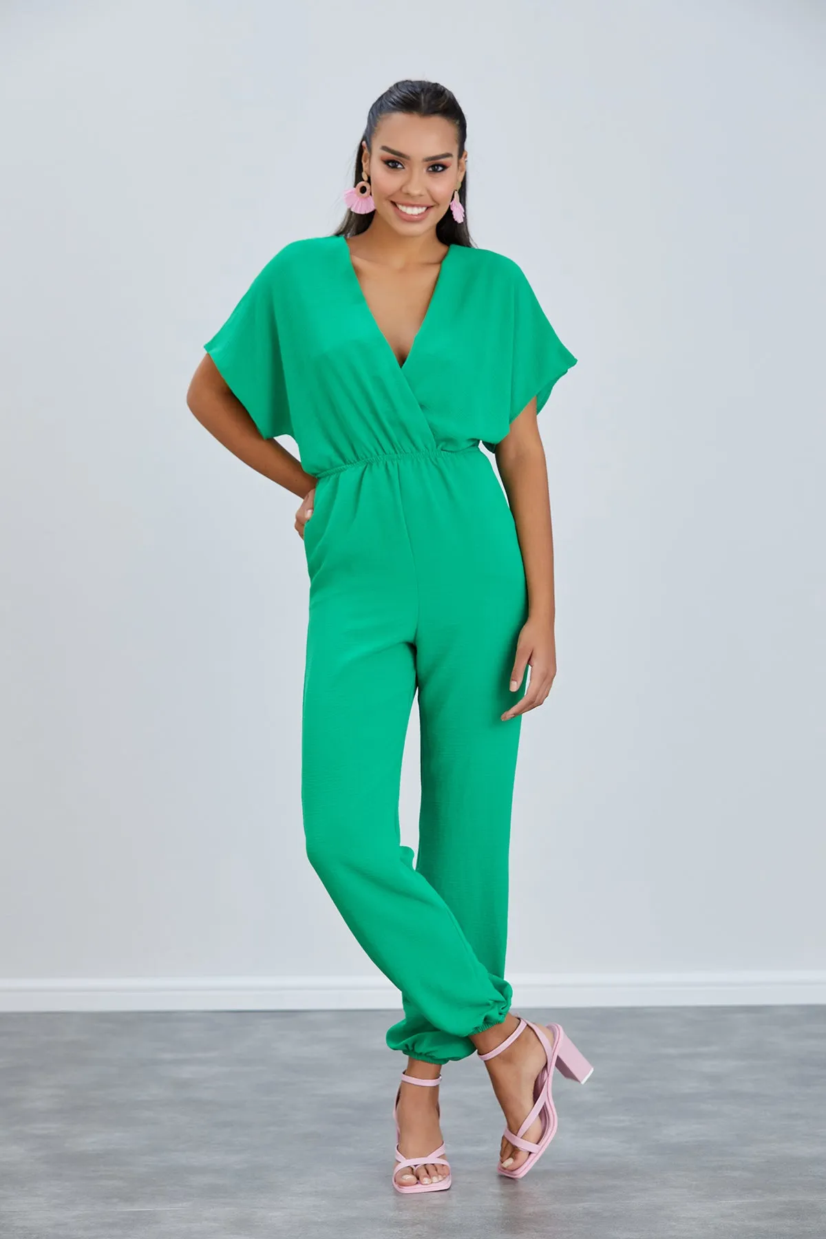 Batwing Sleeve Elasticated Waist Jumpsuit in Green