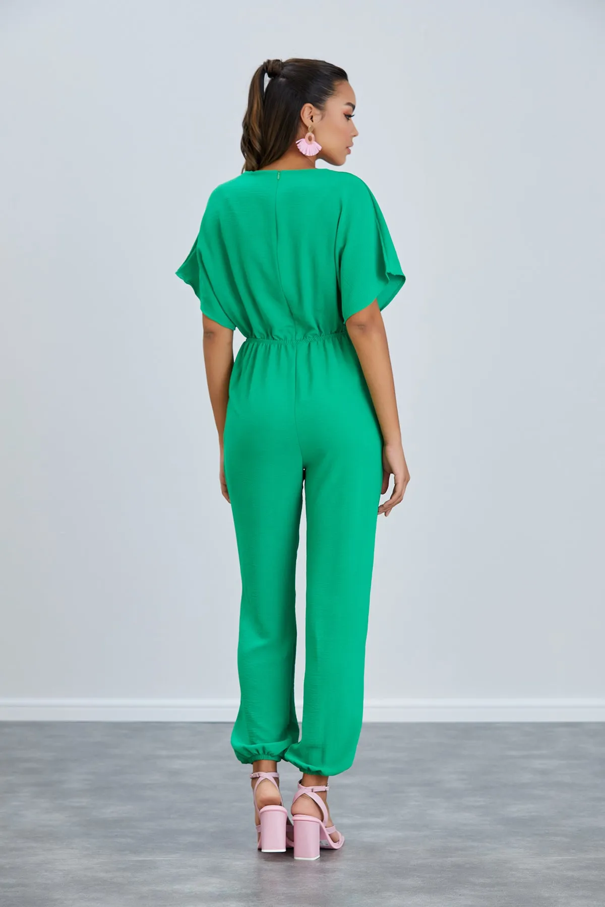 Batwing Sleeve Elasticated Waist Jumpsuit in Green