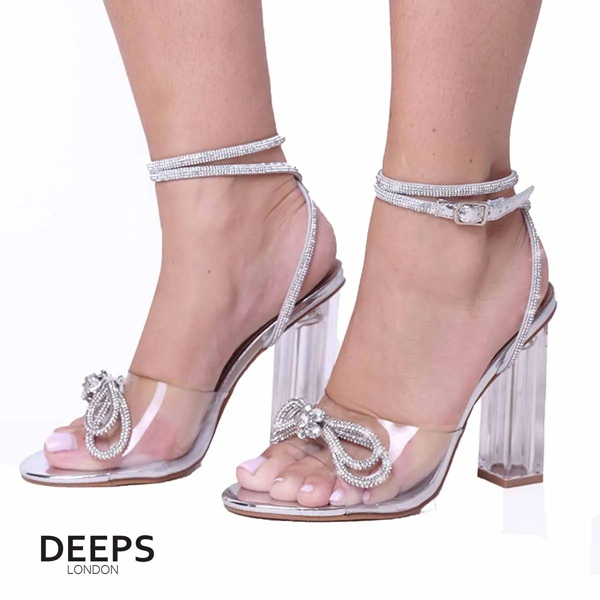 Diana Perspex  Diamante Bow Detail Block Heeled