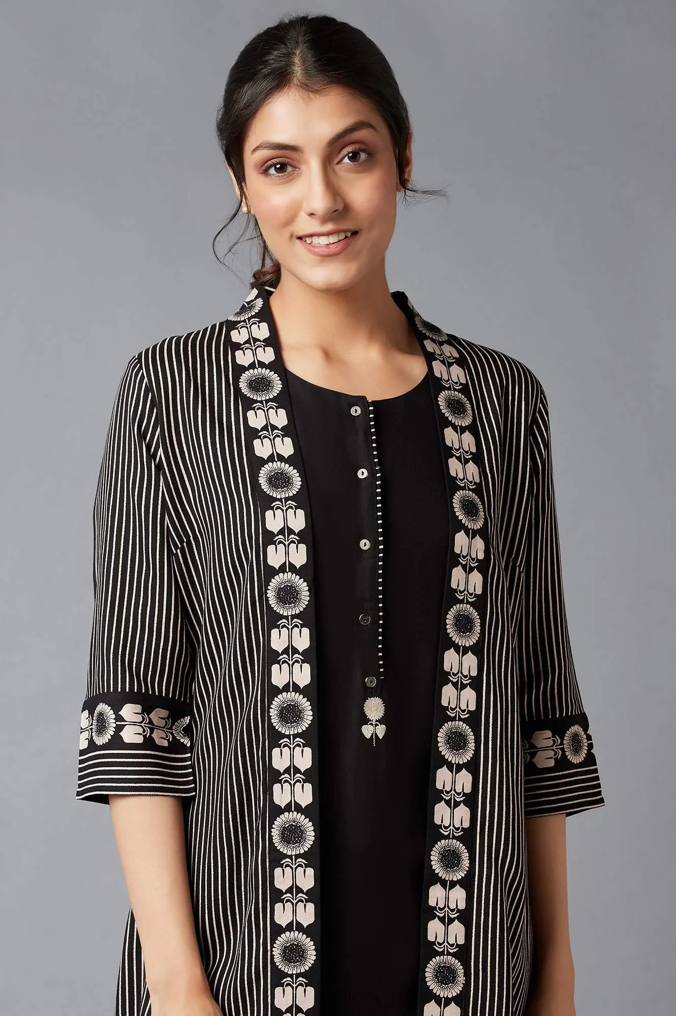 Jet Black Stripe Jacket With Sleeveless kurta And Straight Pants