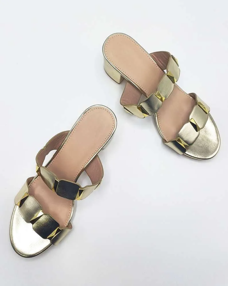 Kolee Stud Detail Block Heel Mules in Gold