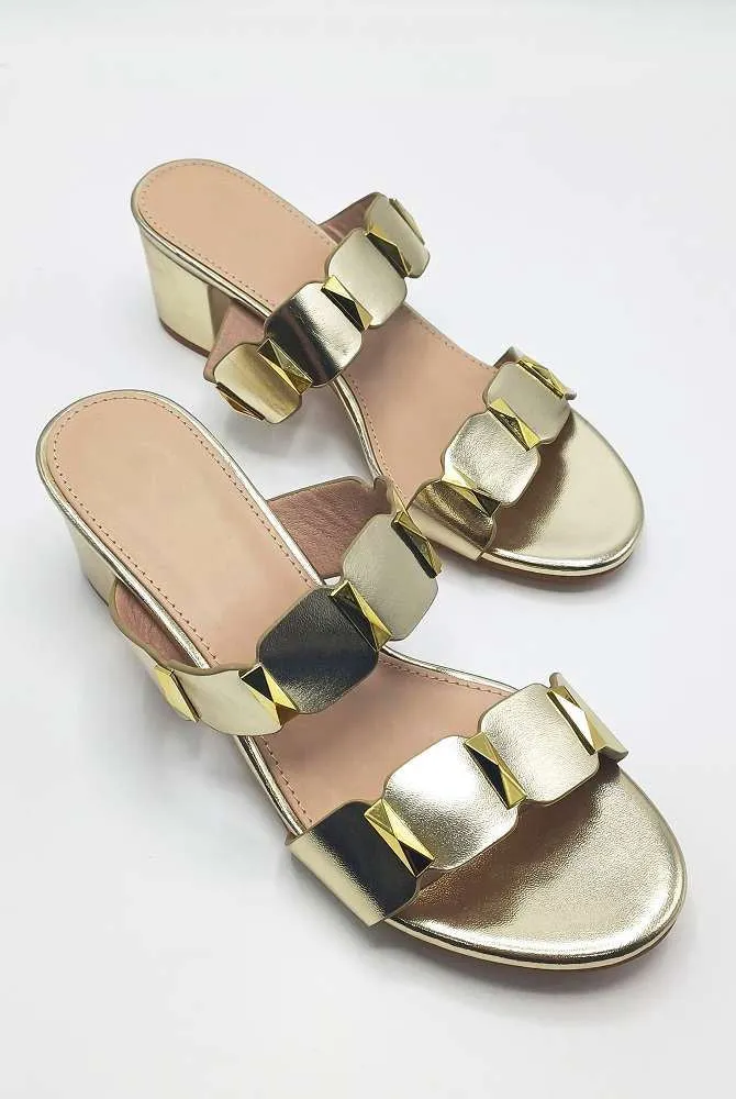 Kolee Stud Detail Block Heel Mules in Gold
