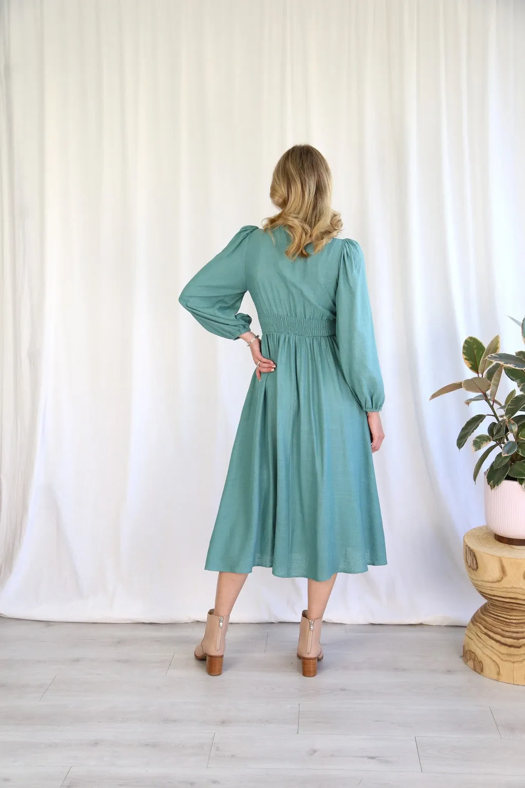Linen Blend Midi Dress - Teal
