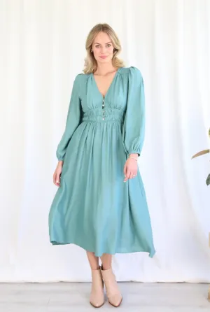 Linen Blend Midi Dress - Teal