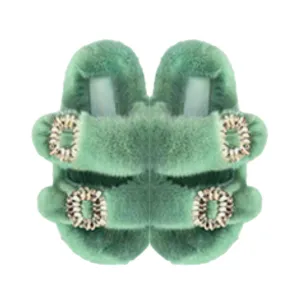 Luxe Mink Slide Sandals with Crystal Buckle - Mint