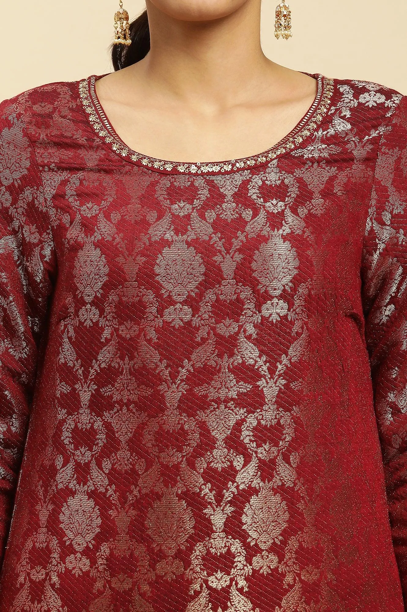 Maroon Rayon Jacquard Kurta And Pants Festive Set