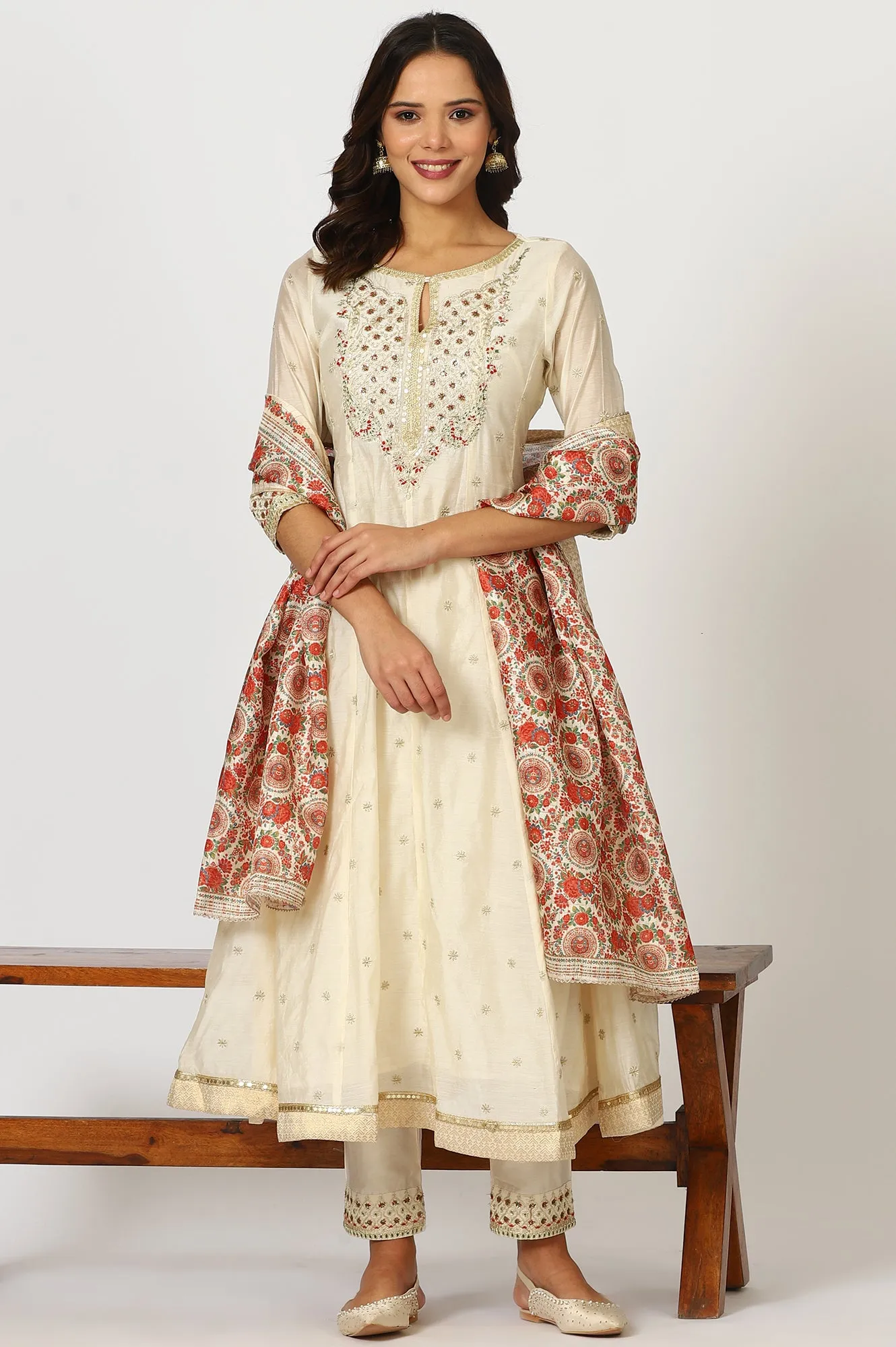 Off-White Dori Embroidered Flared Kurta, Pants and Jacquard Dupatta
