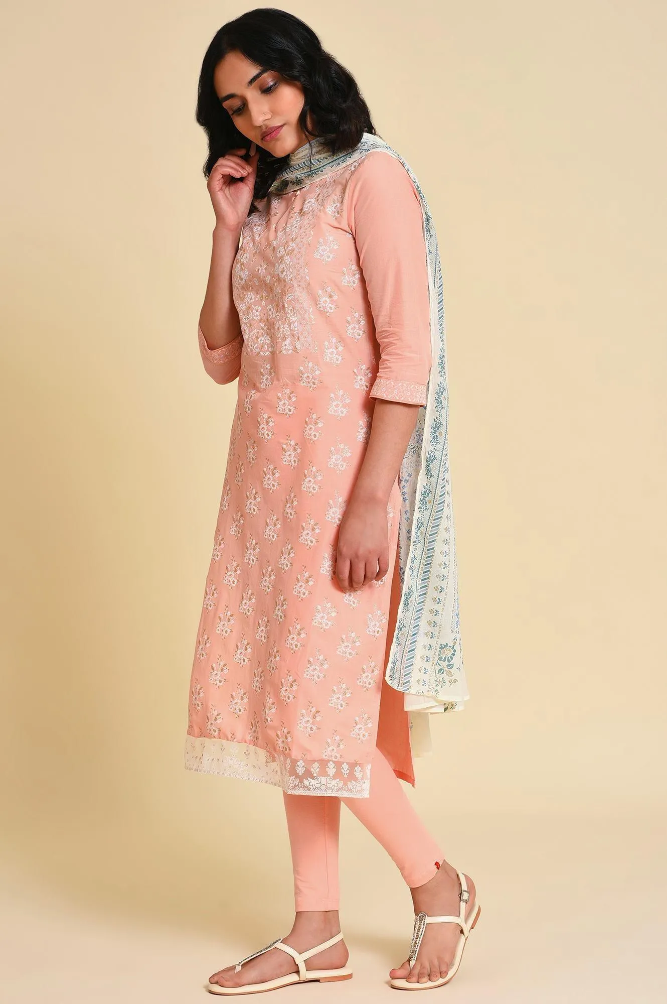 Peach Glitter Printed kurta Set