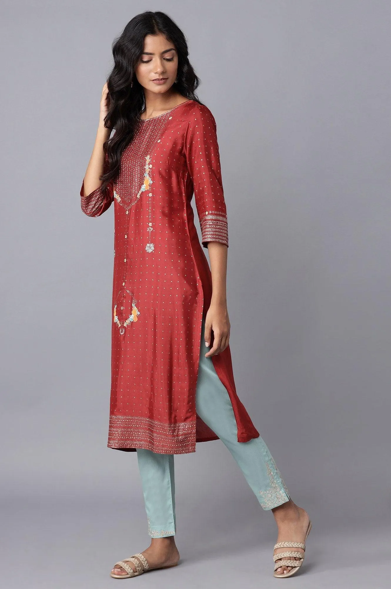 Rust Red Floral Print kurta