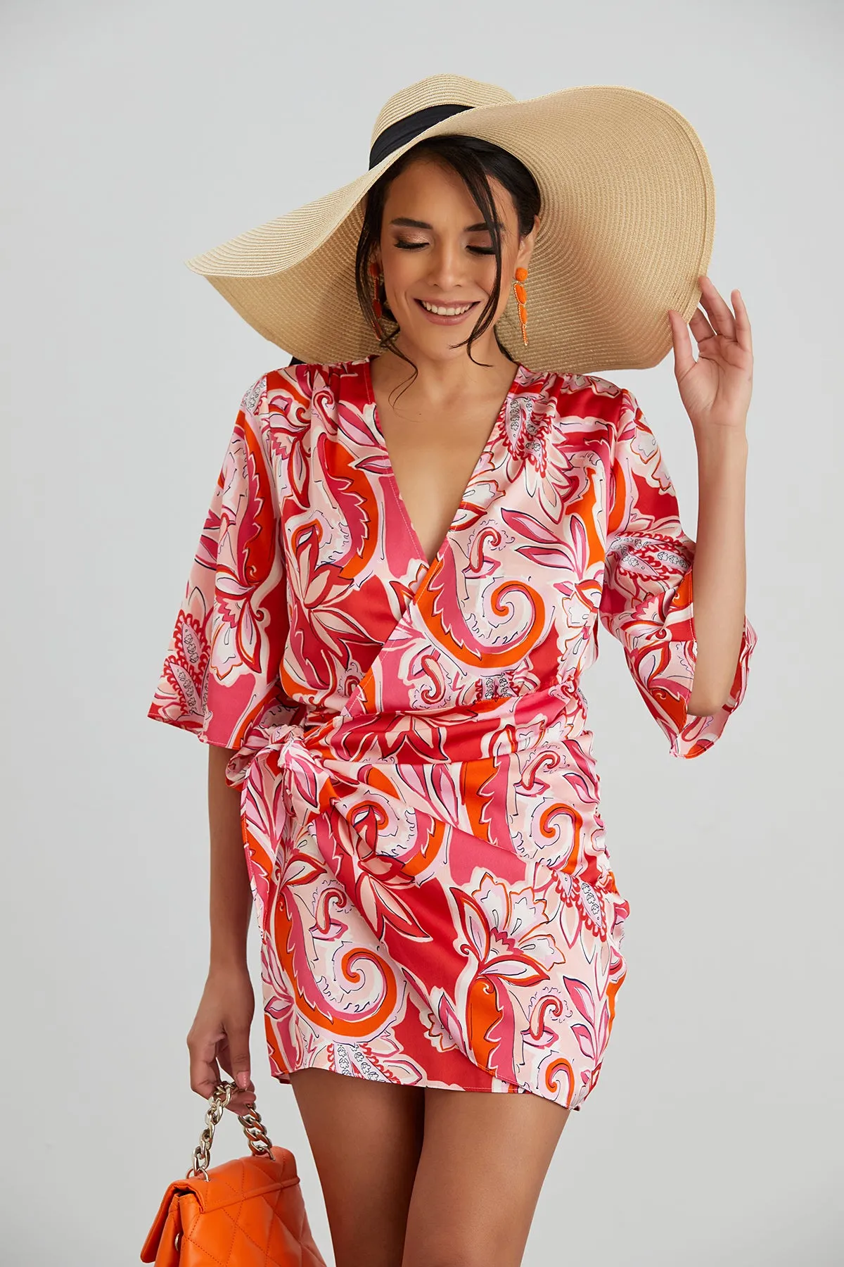 Satin Wrap Mini Dress in Pink Floral print
