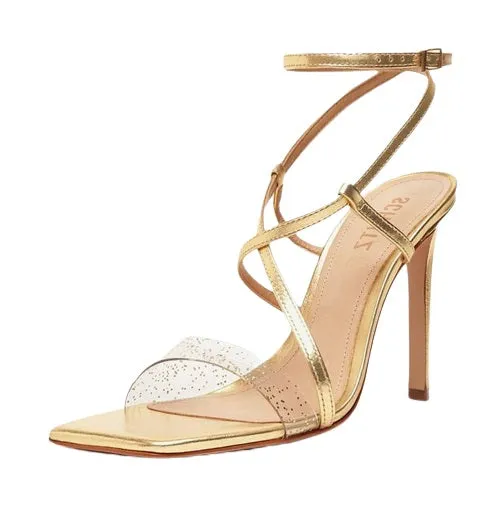 Schutz Aisha Gold Glitter Vamp Ankle Strap Open Toe Stiletto High Heel Sandals