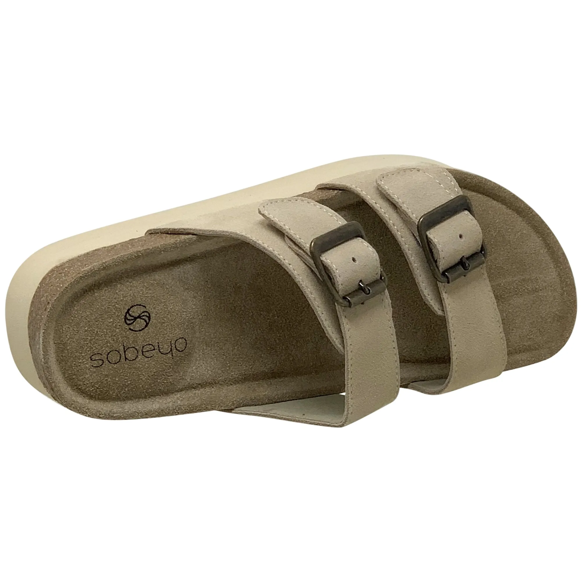SOBEYO Platform Cork Footbed Sandals Cow Suede Double Buckle Straps