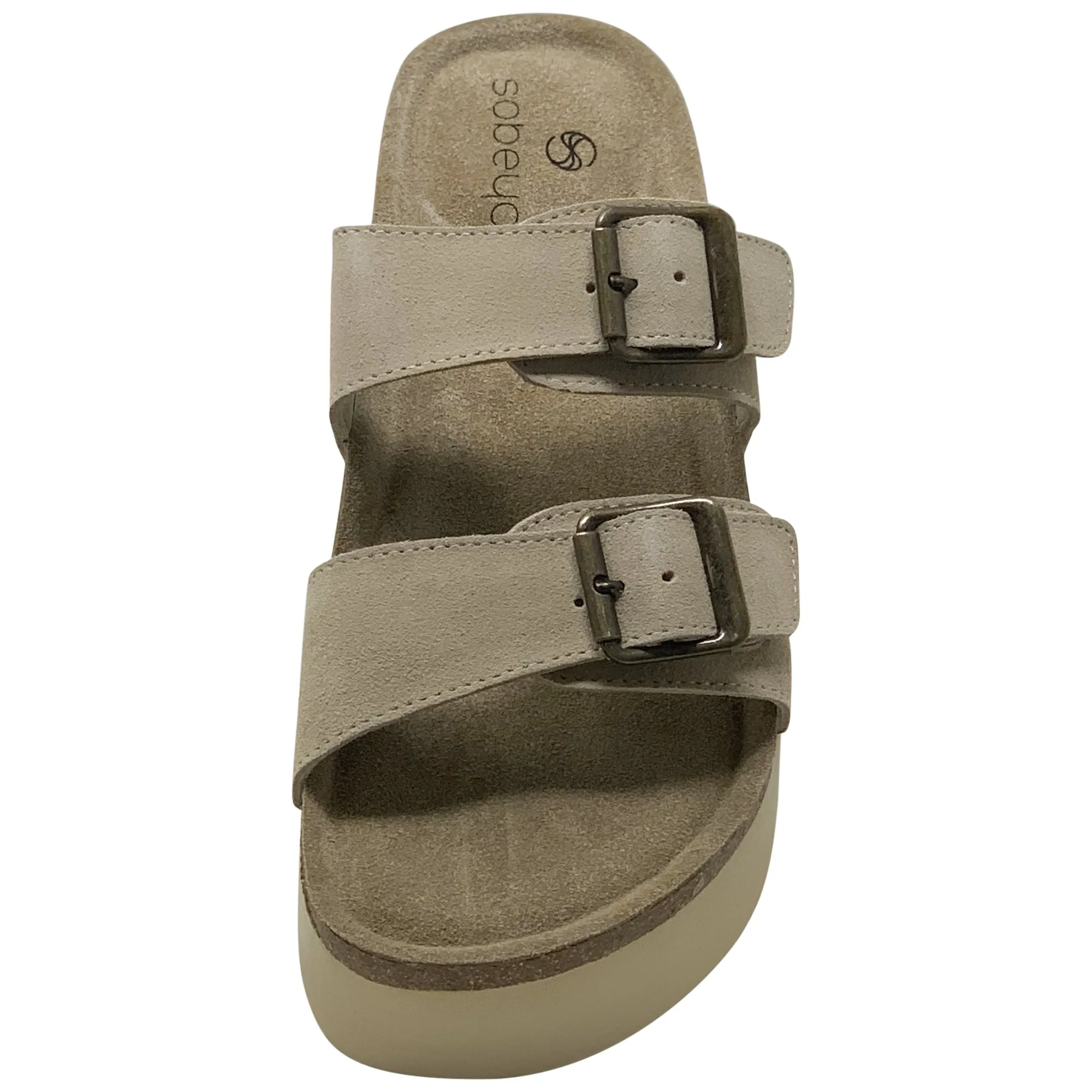 SOBEYO Platform Cork Footbed Sandals Cow Suede Double Buckle Straps