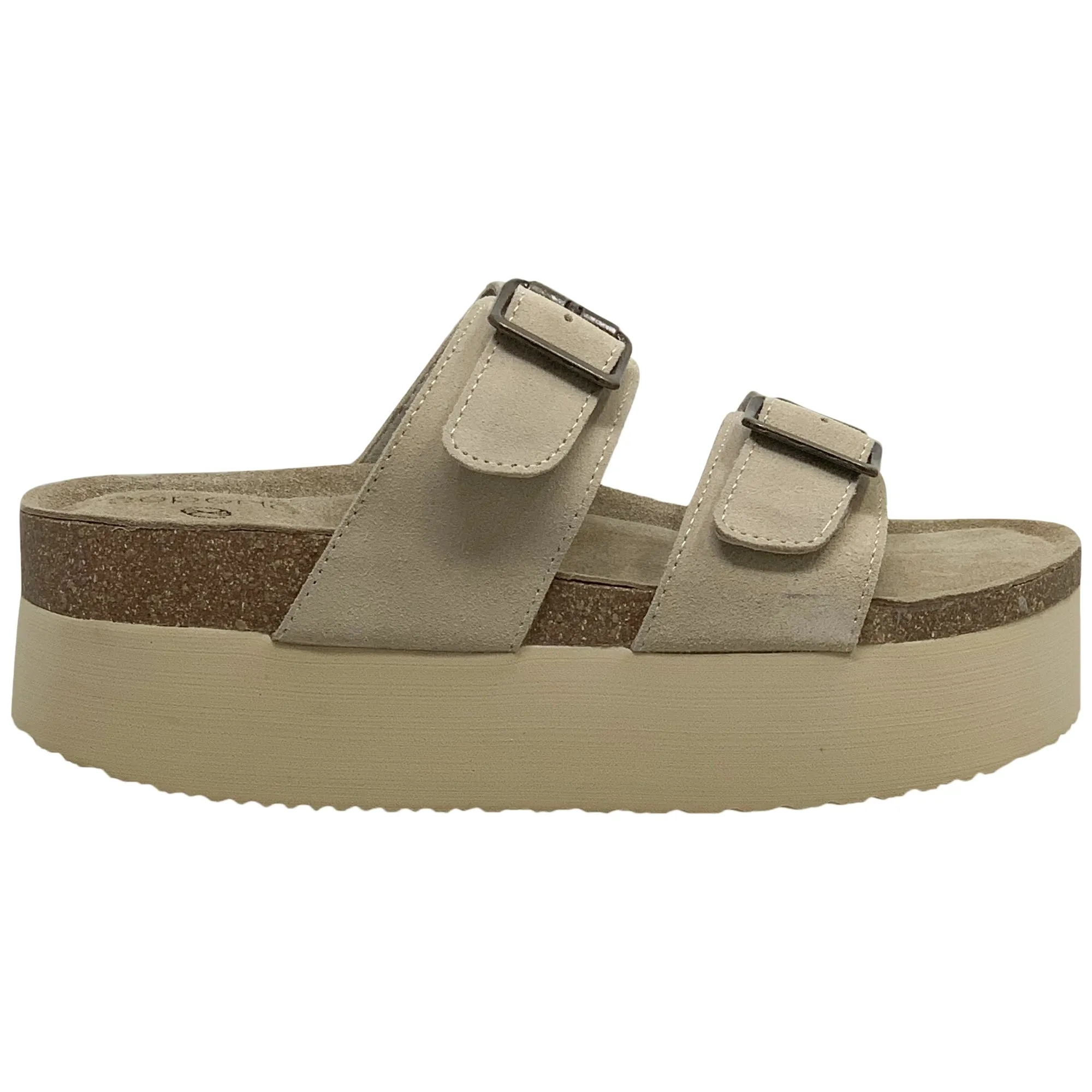 SOBEYO Platform Cork Footbed Sandals Cow Suede Double Buckle Straps