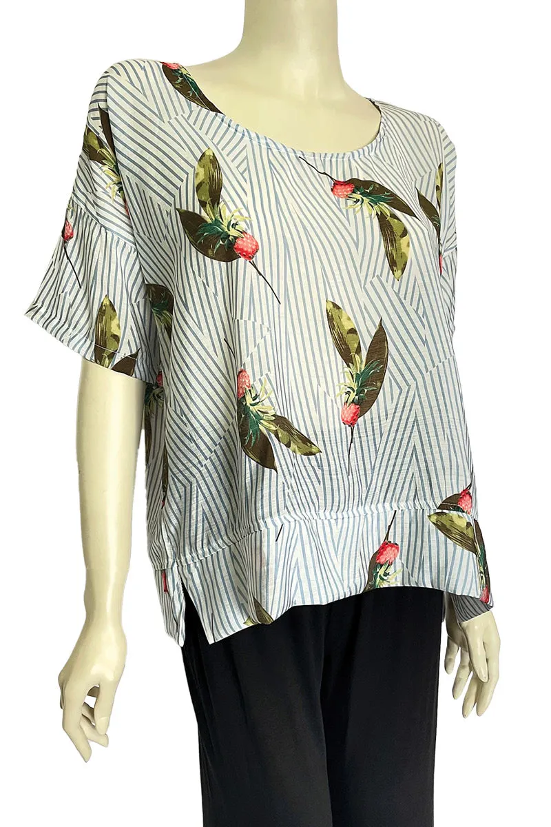 Top Loose Fit Floral Striped Side Slits Round Neck
