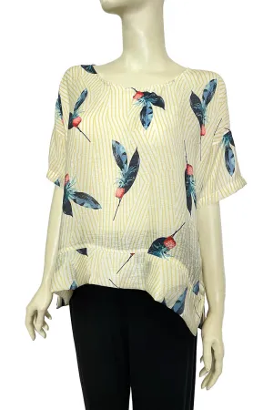 Top Loose Fit Floral Striped Side Slits Round Neck