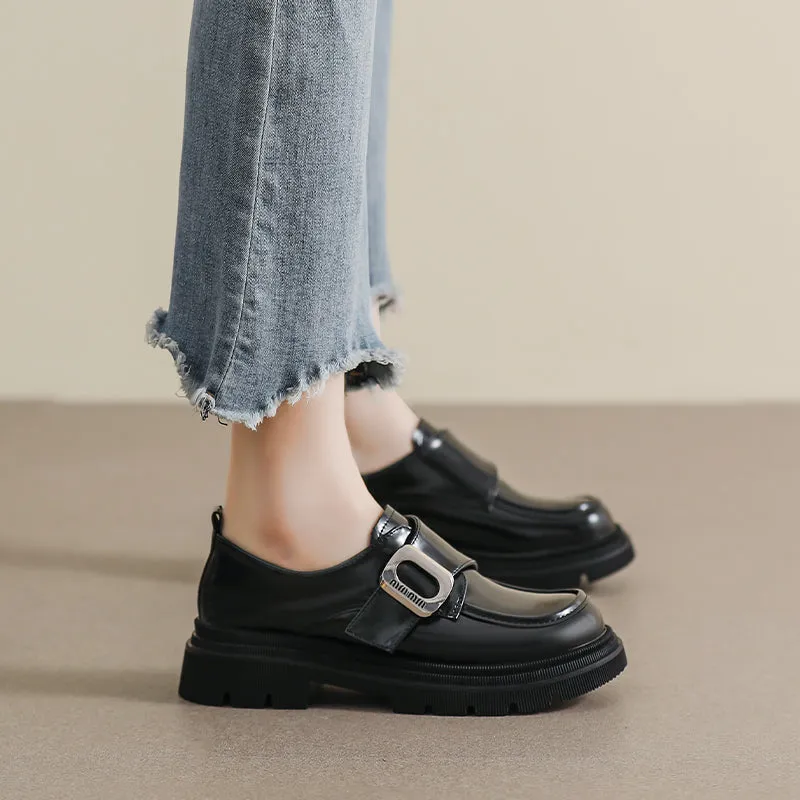 Women Retro Minimalist Glossy Leather Loafers