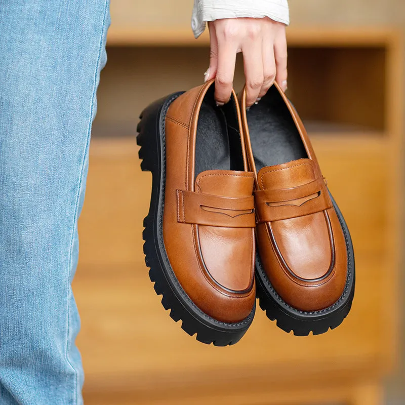 Women Retro Minimalist Thick Soled Leather Loafers