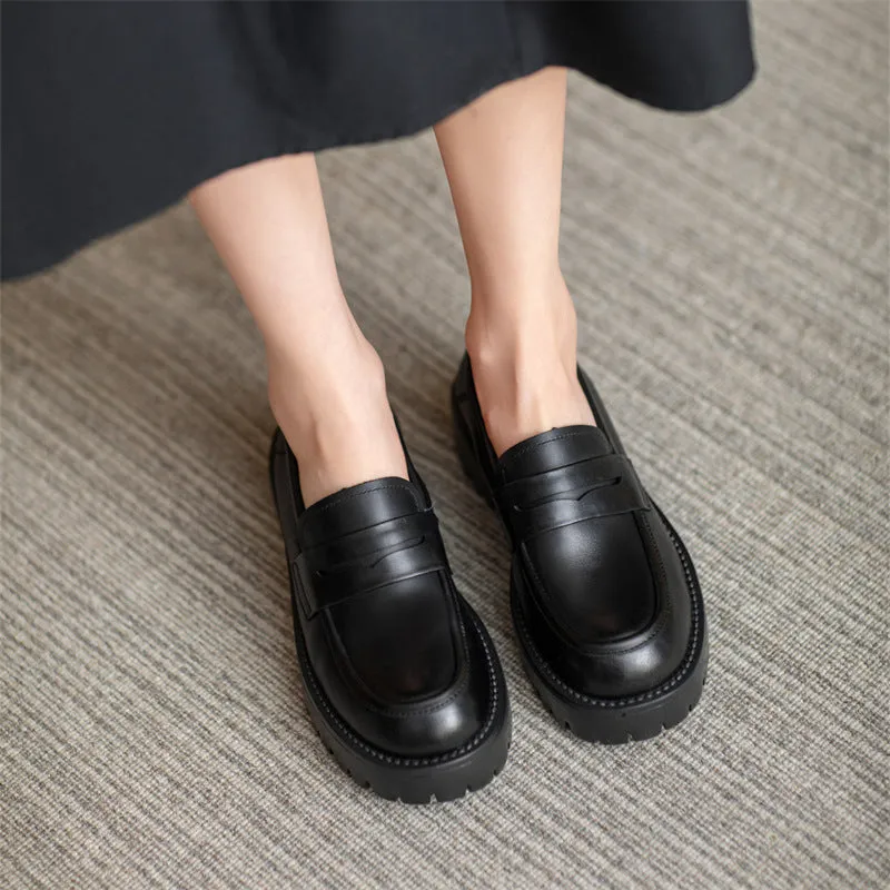 Women Retro Minimalist Thick Soled Leather Loafers