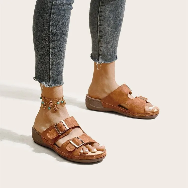 Women's Double Buckle Slides Comfort Sandals